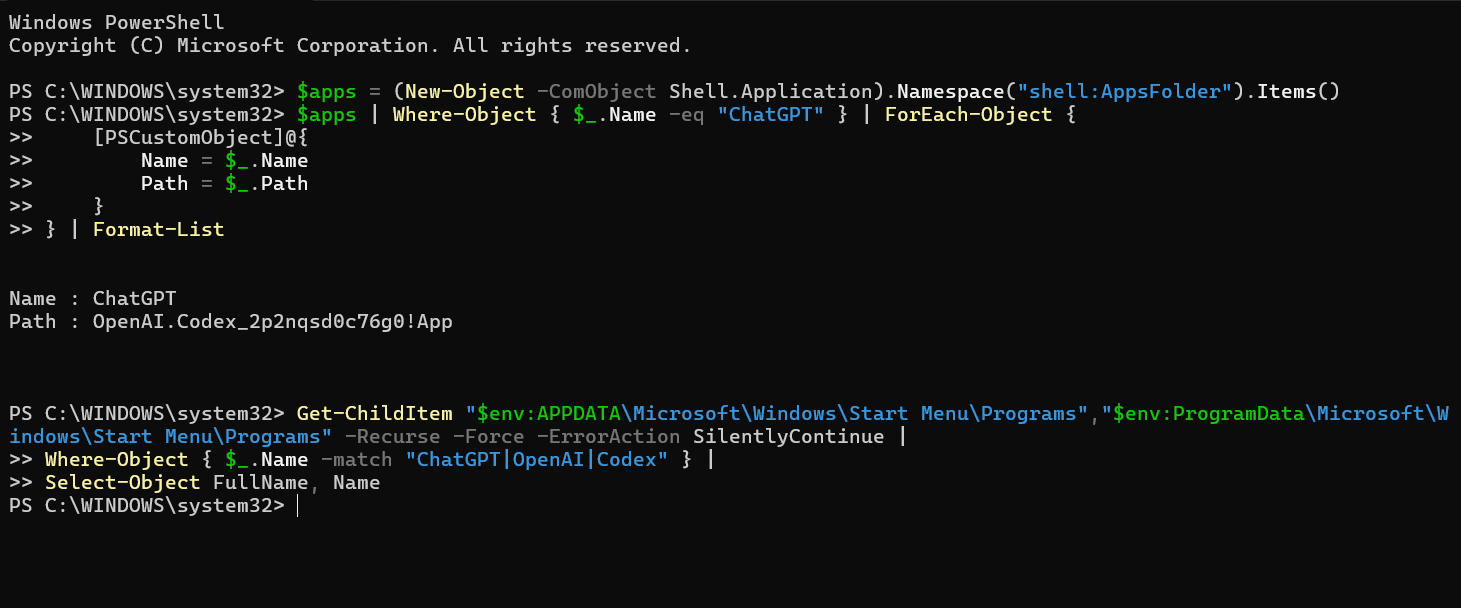 PowerShell 查询 ChatGPT 应用入口，返回 OpenAI.Codex 包的应用标识