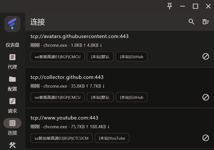 连接页面中 GitHub 和 YouTube 请求对应的本站代理组及最终节点